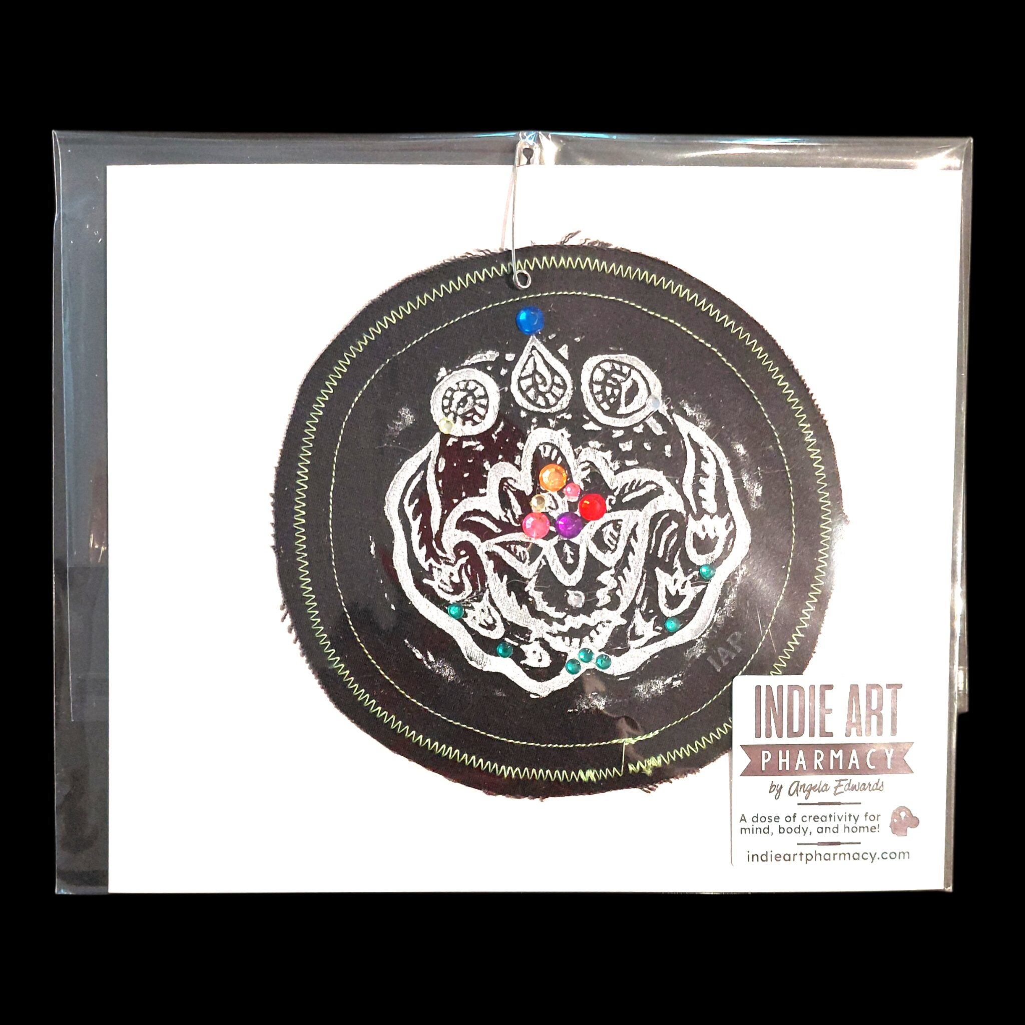 Linoleum Block Print On Reclaimed Fabric, with Rhinestones - 5" diameter (as shown)