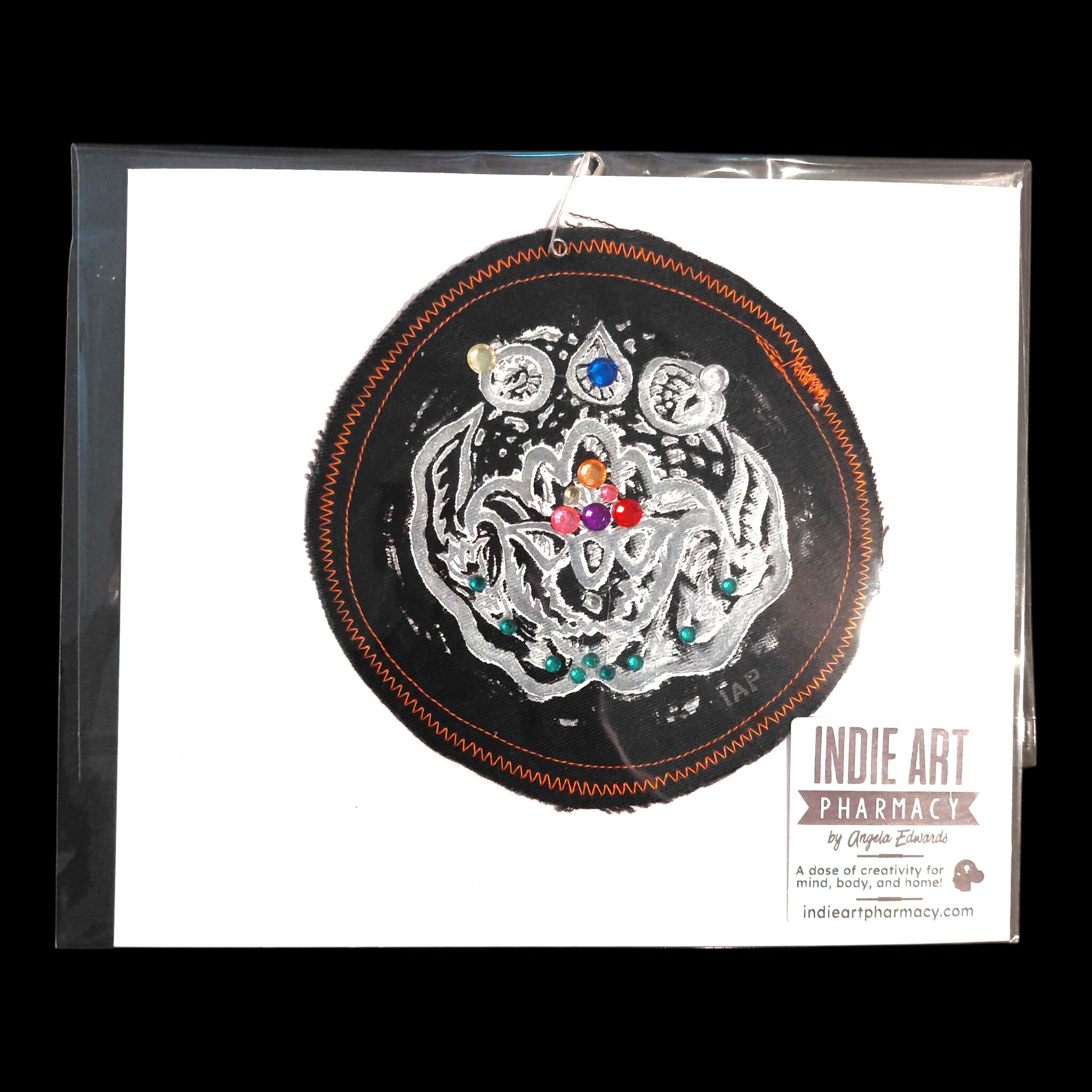 Linoleum Block Print On Reclaimed Fabric, with Rhinestones- 5" diameter (as shown)