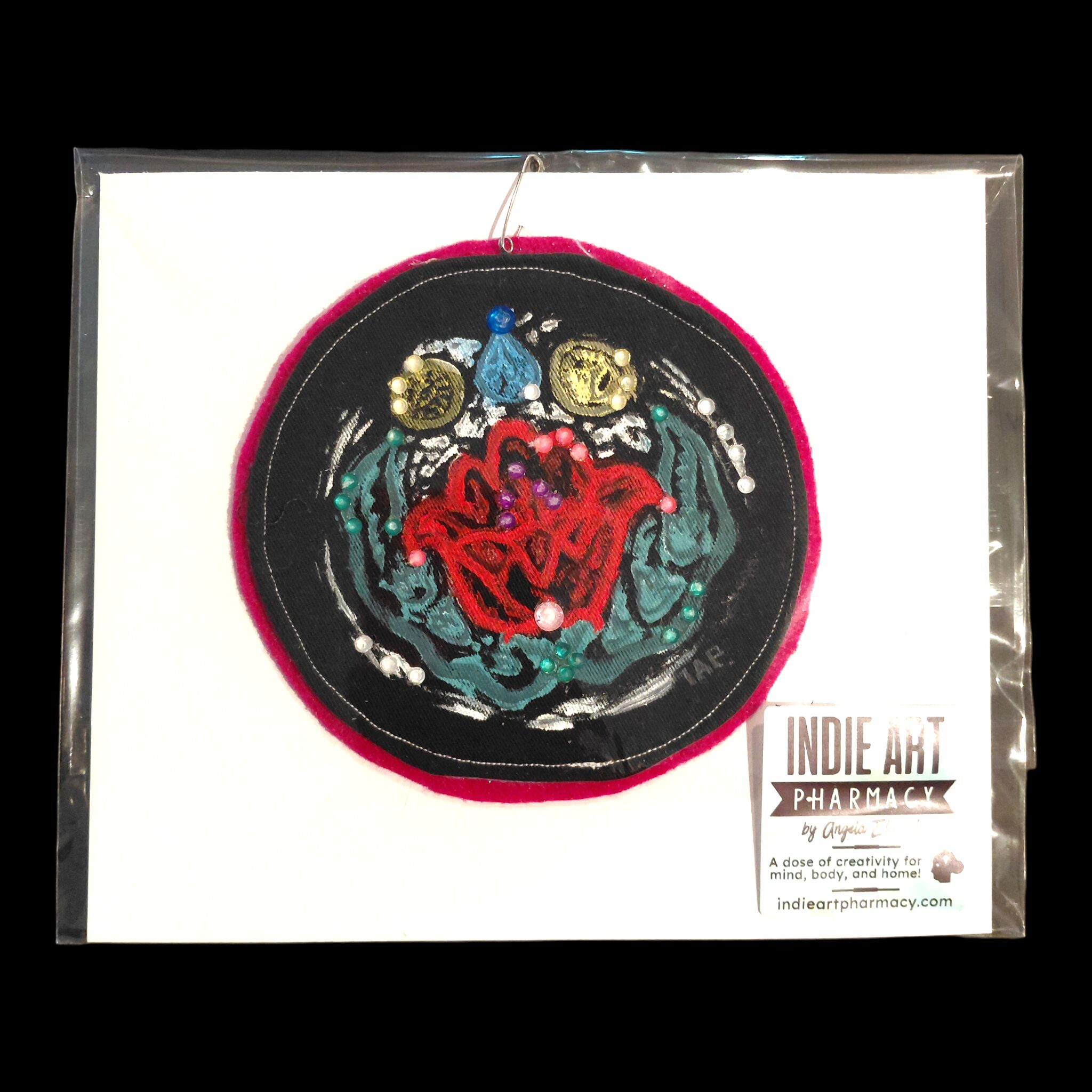 Linoleum Block Print On Layered Reclaimed Fabric, with Rhinestones -5.5" diameter (as shown)