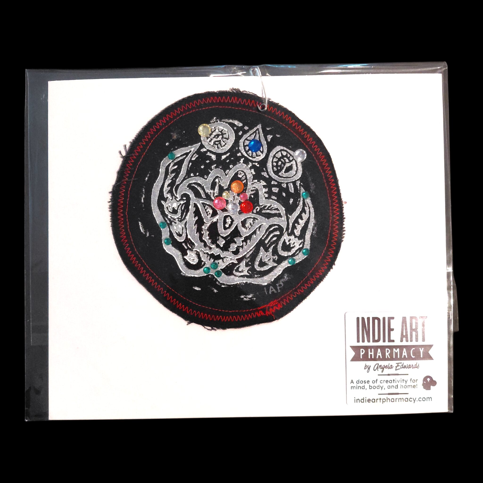 Linoleum Block Print On Reclaimed Fabric, with Rhinestones- 5" diameter (as shown)