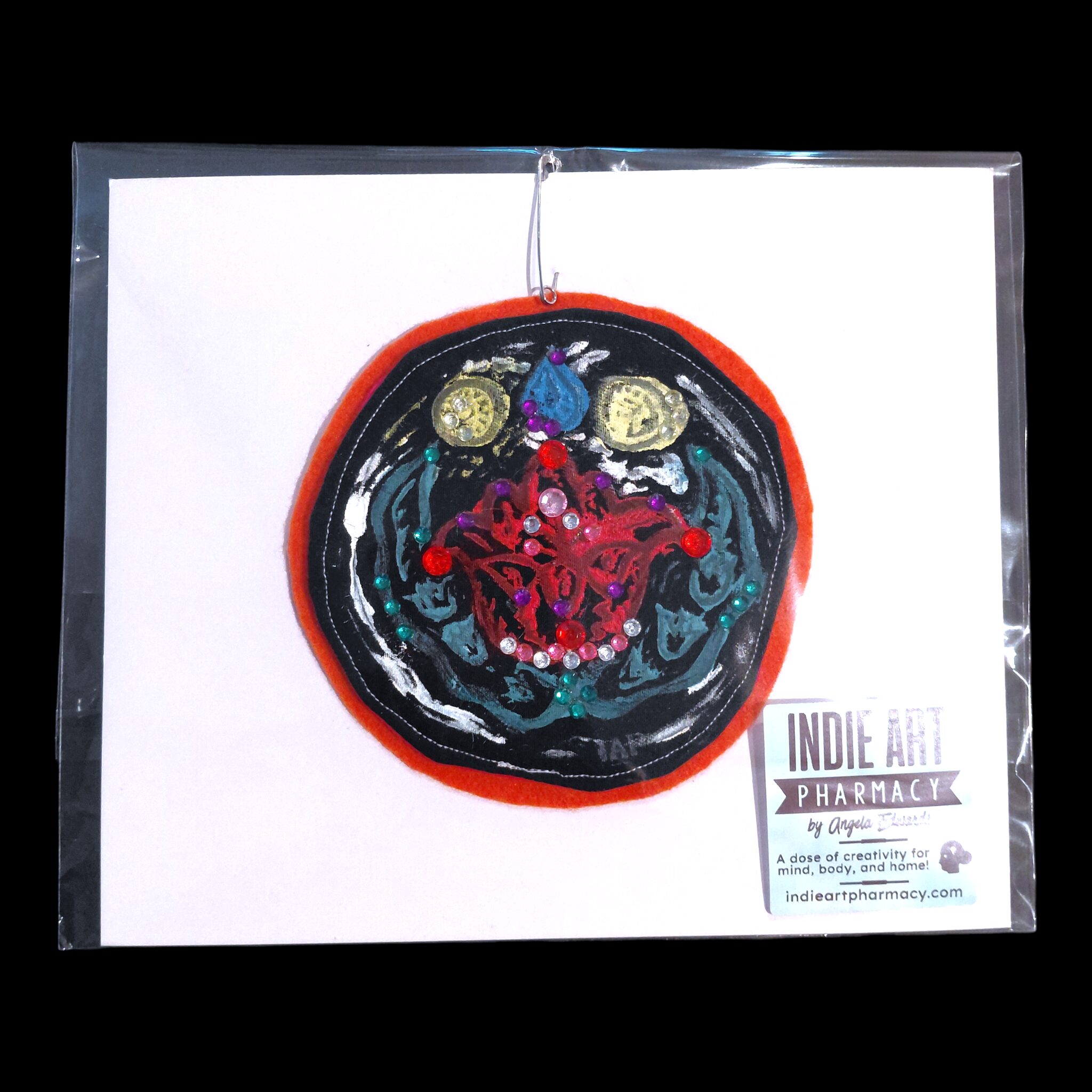 Linoleum Block Print On Layered Reclaimed Fabric, with Rhinestones - 5" diameter (as shown)